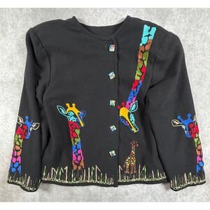 Daniel K Vintage Womens Jacket Black Giraffe Embroidered Art To Wear Button